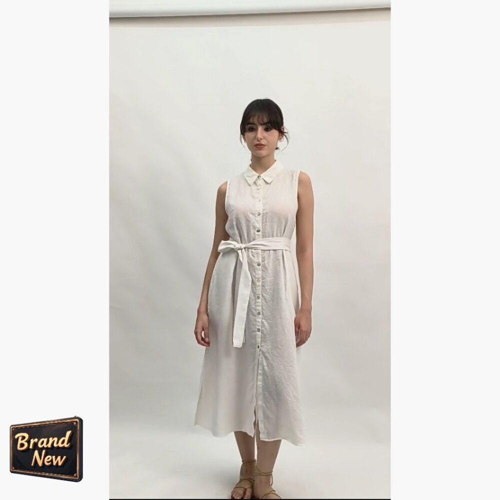 Linen Midi Dress with Pockets and Belt, Sleeveless Button Down - Picture 6 of 7